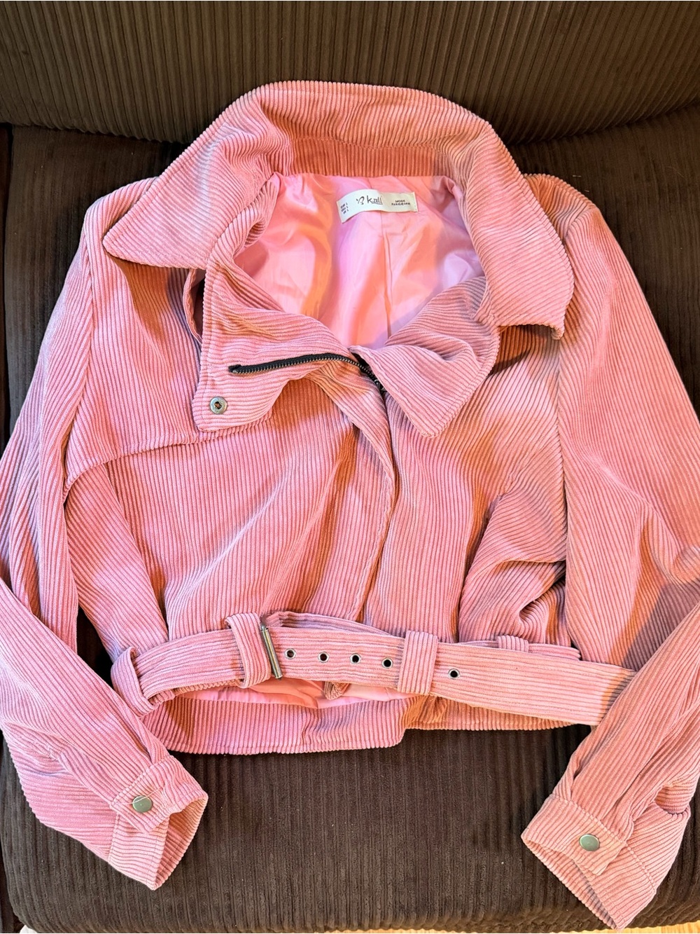 Pink Corduroy Belted Crop Jacket